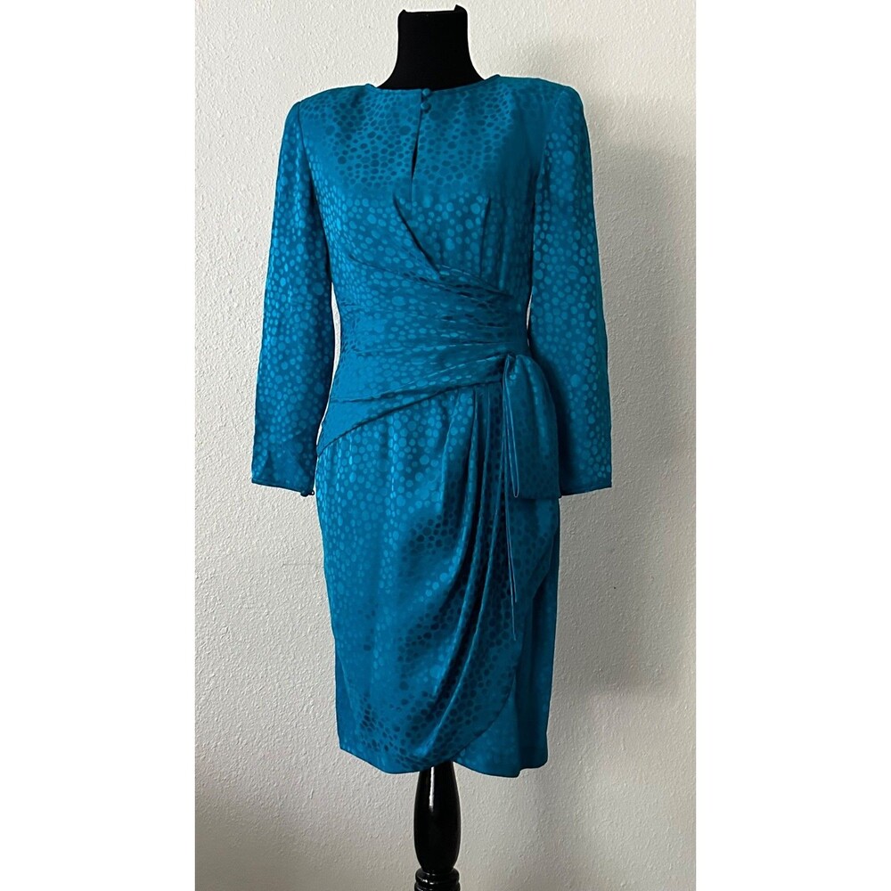 Vintage 80s 90s Teal Silk Polka Dot Jacquard Ruched Wrap Dress Size 10 Cocktail